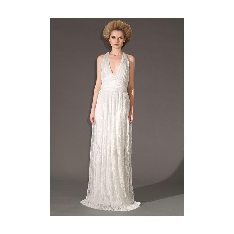 Wedding - Douglas Hannant - Fall 2012 - Nicole Sleeveless Lace Sheath Wedding Dress with V-Neckline and Halter Straps - Stunning Cheap Wedding Dresses