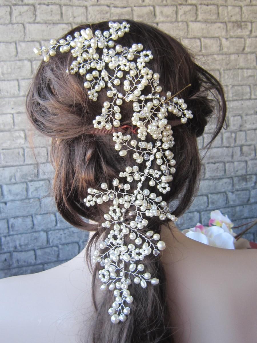 Hochzeit - Ivory Pearl And Rhinestones Wedding hairpiece, boho Wedding hair vine , Bridal hairpiece, Wedding accessories, pearl headpiece,hair vine