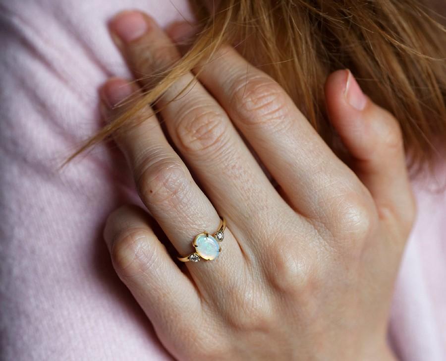 Wedding - Opal Ring, Opal Engagement Ring, Opal Diamond Ring, Unique Engagement Ring, Past Present Future Ring, Anniversary Ring