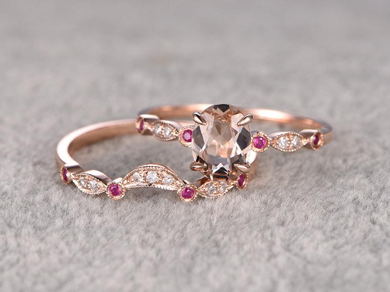 Mariage - 2pcs Morganite Bridal Ring Set,Engagement ring Rose gold,Diamond Ruby wedding band,14k,6x8mm Oval Cut,Gemstone Promise Ring,Art Deco,Curved