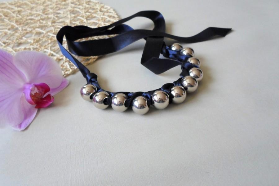 زفاف - Chunky Necklace Chunky bead necklace wedding jewelry pearl ribbon necklace bridesmaid jewelry ribbon necklace ribbon pearl bracelet metalic