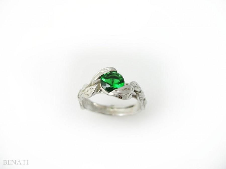 زفاف - Leaf Engagement Ring, Lab Emerald Engagement Ring, White Gold Leaves Ring With Green Stone, Green Stone White Gold Antique Engagement Ring