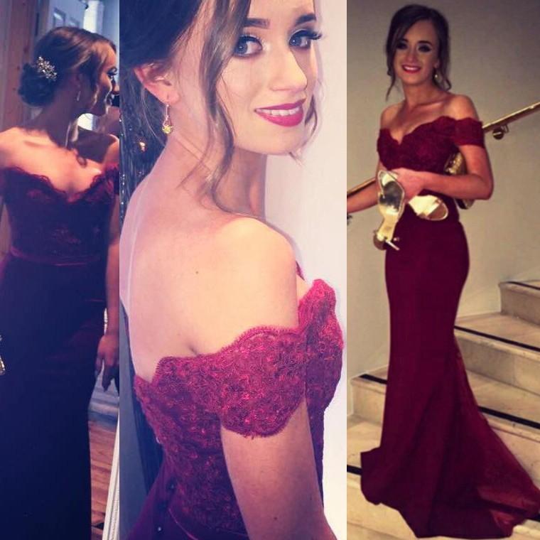 Mariage - Elegant Prom Dress -Burgundy Mermaid Off-the-Shoulder with Lace