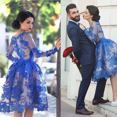 Wedding - Knee Length Vintage Lace Tulle Prom/Homecoming Dress - Blue Ball Gown Scoop from Dressywomen