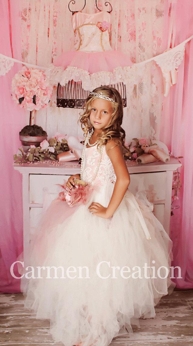 زفاف - Dream Mini Bride Flower Girl Feather Dress Pink