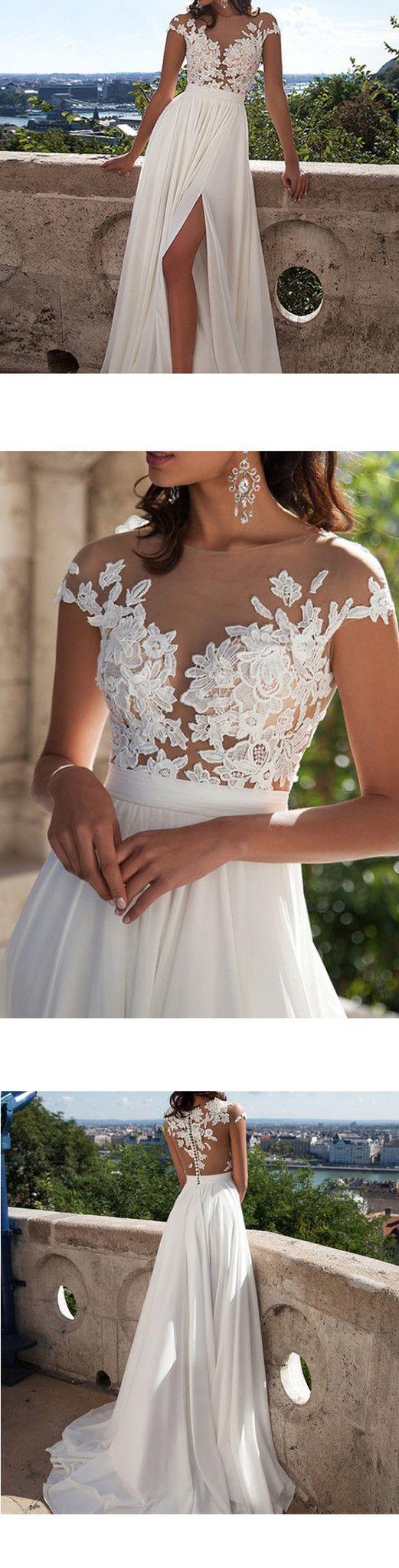 Wedding - Long Top Lace Appliques Side Slit Chiffon Cheap Party Evening Prom Dresses,PD0046