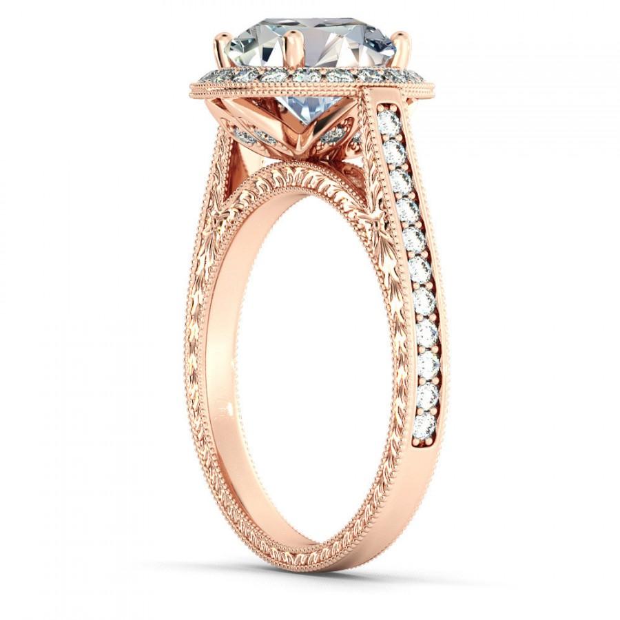 زفاف - Rose Gold Engagement Ring, 2.25 Carat Moissanite Engagement Ring, Vintage Halo Diamond Ring, Art Deco Engagement Ring, Filigree Ring