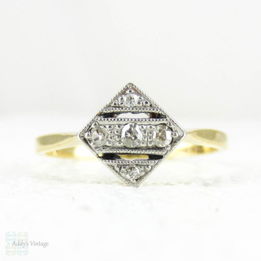 Hochzeit - Art Deco Square Set Diamond Ring, Five Stone, Triple Row Pierced Style Setting with Milgrain Beading. 18ct, Platinum, Circa 1930s.