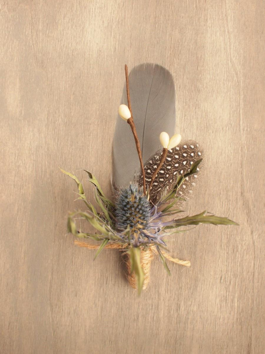 Mariage - Rustic Natural Dried Eryngium Thistle Boutonniere Grooms Buttonhole Everlasting Keepsake