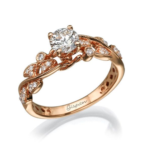 زفاف - Leaves Engagement Ring, Rose Gold Ring, Antique Ring, Vintage Ring, Bridal Jewelry, Rose Gold Engagement Ring, Unique Engagement Ring