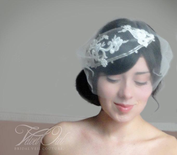 Mariage - Bridal bandeau veil, lace headpiece, bridal veil, bridal veil set, mini tulle veil, bandeau lace veil, custom veil,