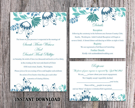 Свадьба - DIY Wedding Invitation Template Set Editable Word File Instant Download Printable Invitation Floral Wedding Invitation Blue Invitations