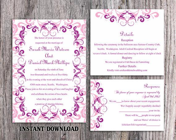 Свадьба - DIY Wedding Invitation Template Set Editable Word File Instant Download Printable Invitation Purple Wedding Invitation Pink Invitations