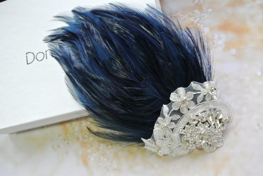 زفاف - Wedding Hair Clip Navy Blue Fascinator Vintage Style Fascinator Feather Hair Clip Feather Headpiece Blue Hair Piece 1920s Headpiece-STELLA