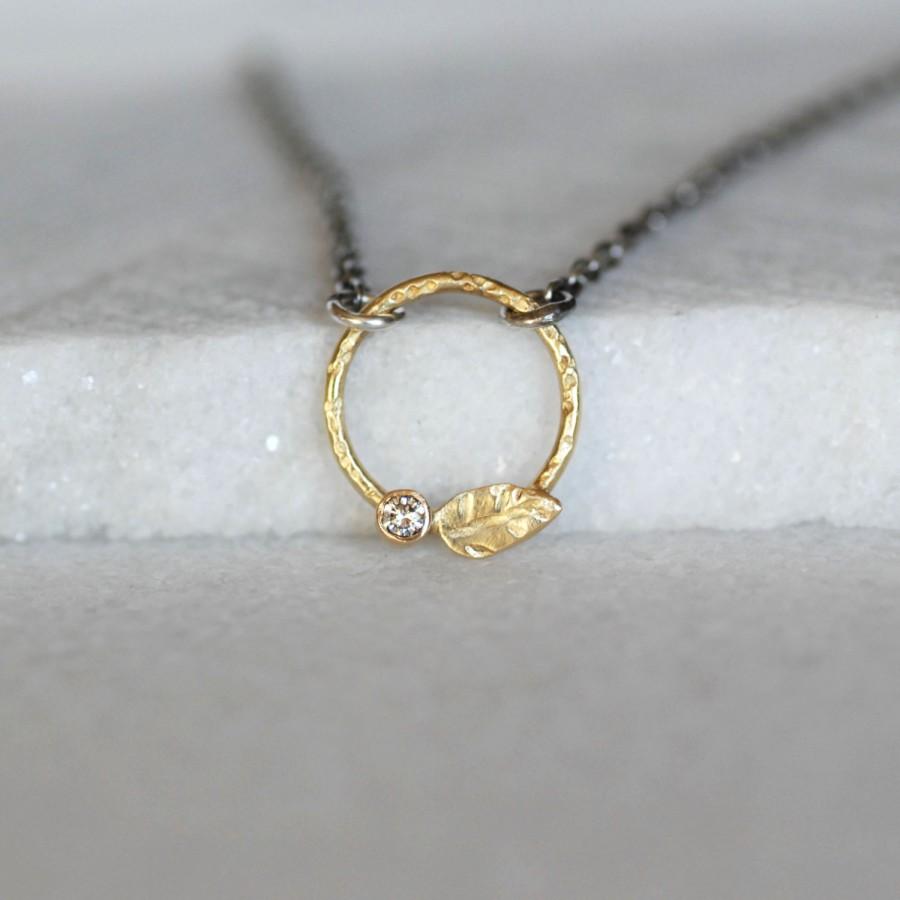 زفاف - Diamond Leaf Pendant - 18k Gold Circle Necklace - Sterling Silver and Gold - Ready to Ship