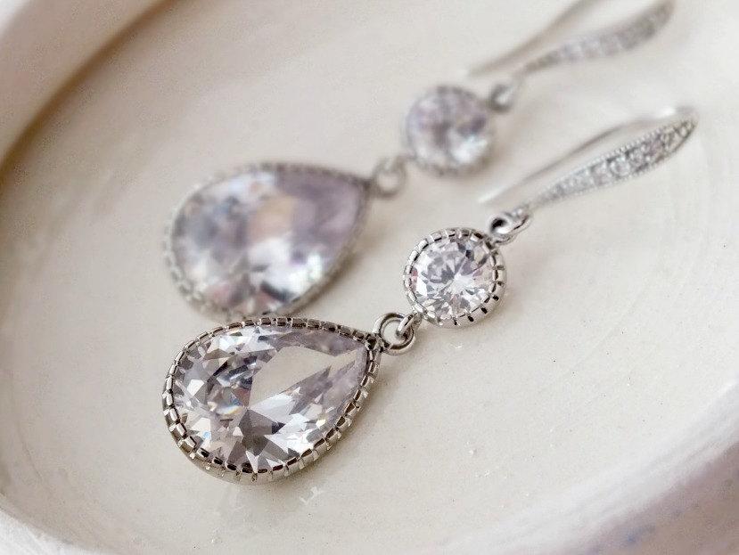 Hochzeit - CZ Teardrops Dangle Earrings, Bridal Drop Earrings, Bridal White Crystal Zirconia TearDrop Vintage Earrings, Hypoallergenic Wedding Earrings