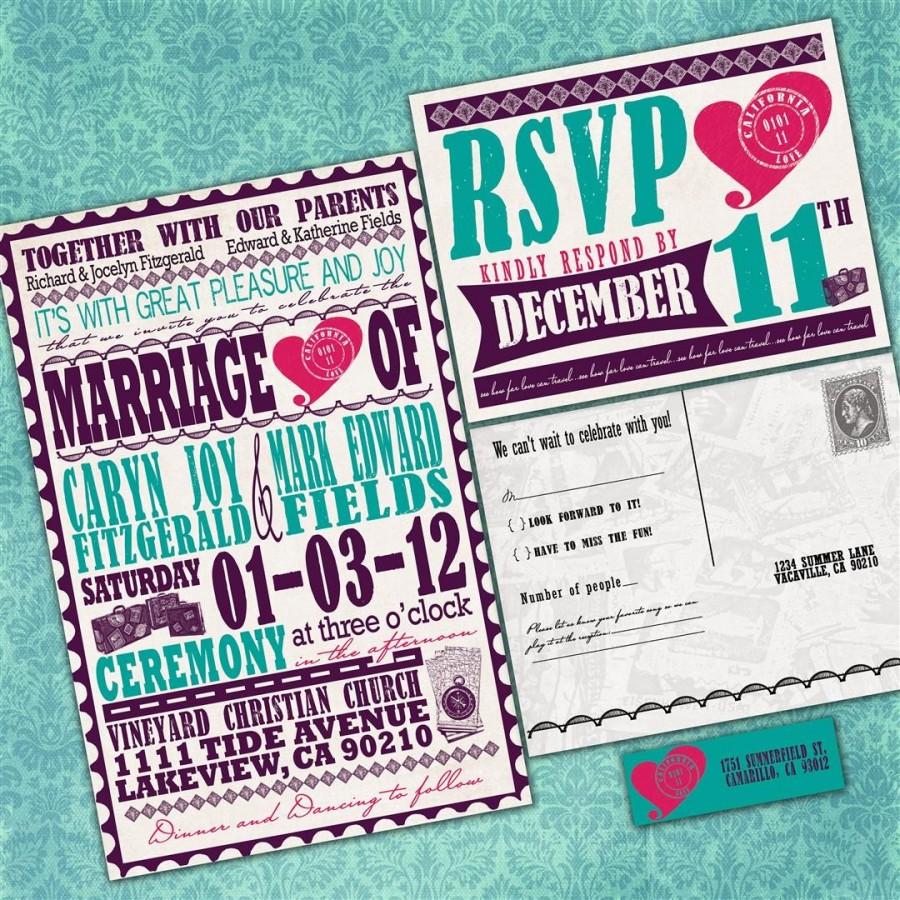 Mariage - Wedding Invitation - Vintage Travel Poster - Blue and Purple - Sample Set