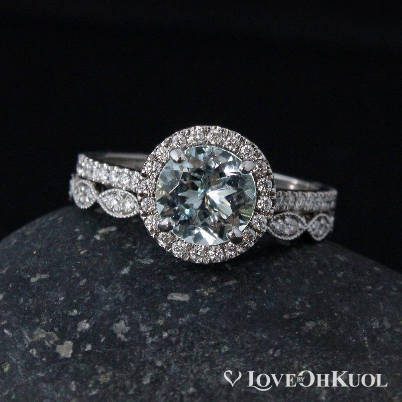 Wedding - Halo Diamond Blue Aquamarine Engagement Ring - Leaf Milgrain Band - Wedding Set