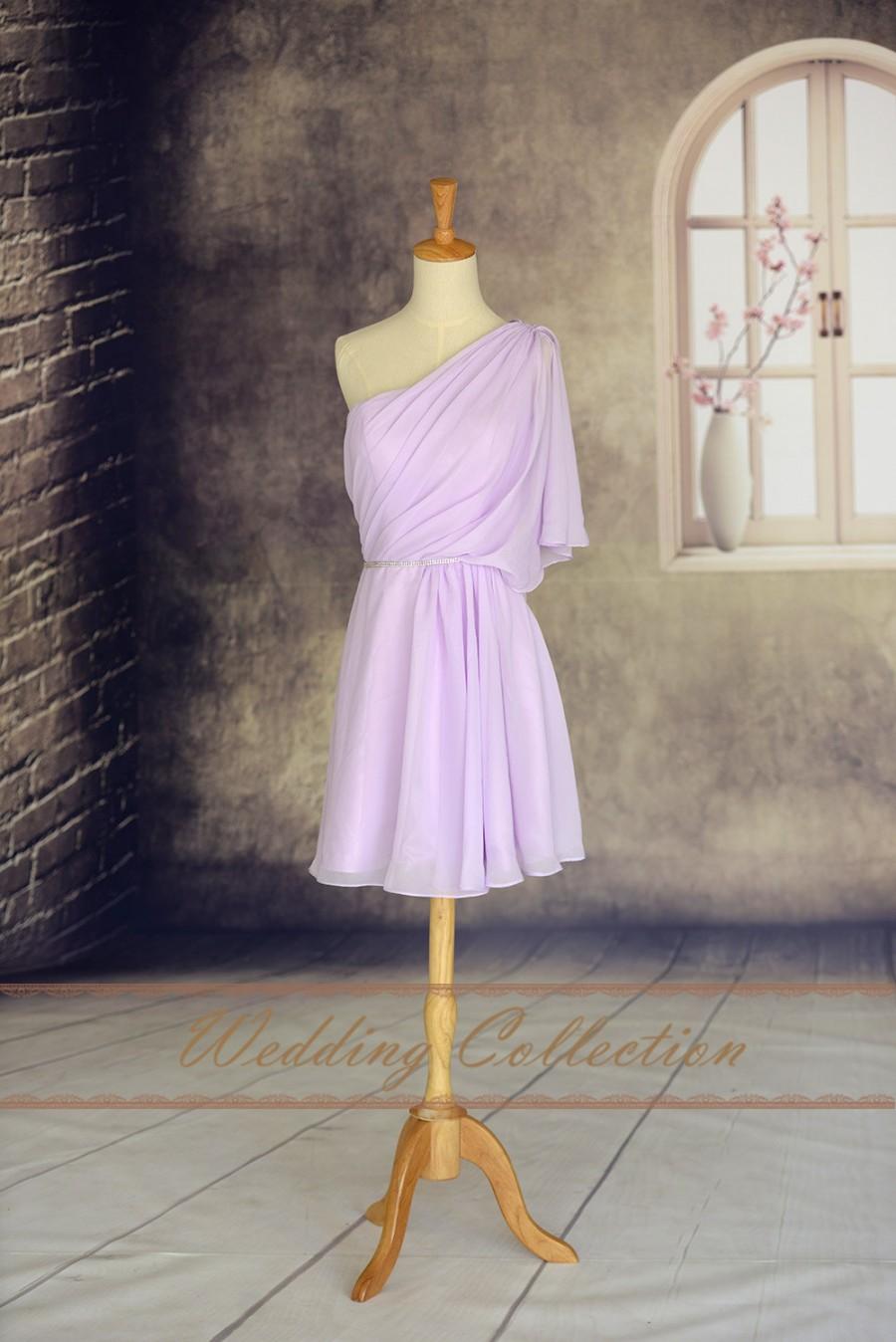 Hochzeit - Lavender Bridesmaid Dress One Shoulder Beaded Waistband
