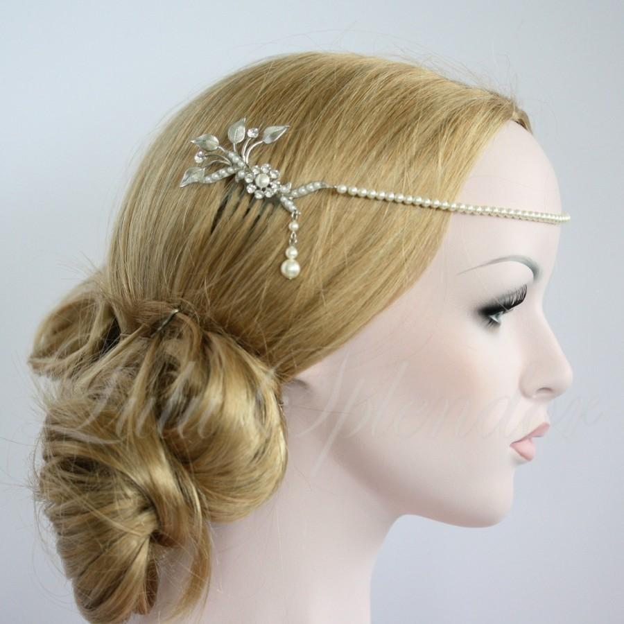 Hochzeit - Pearl Wedding Halo Forehead Band Matt Silver Leaf Headpiece Bridal Hair Accessory ASHER
