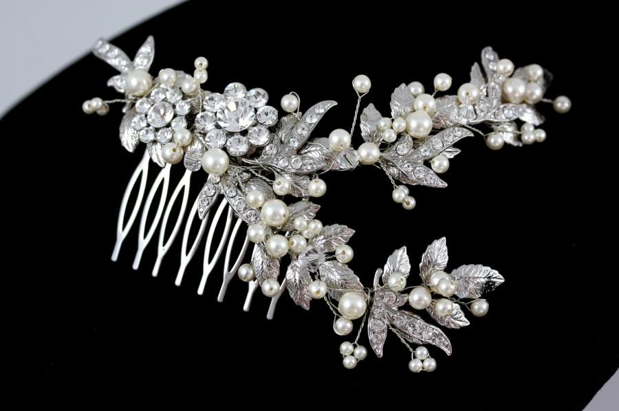 Свадьба - Wedding Headpiece Silver Leaves Comb Pearl Crystal Rhinestone Bridal Head Piece Large Wedding Comb Art Deco side comb Hair Accessories MIER