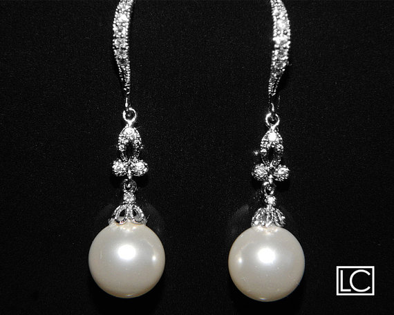 Mariage - Bridal White Pearl Earrings Swarovski 10mm Pearl Drop CZ Silver Earrings Bridal Chandelier Pearl Earrings Bridesmaid Jewelry Wedding Earring