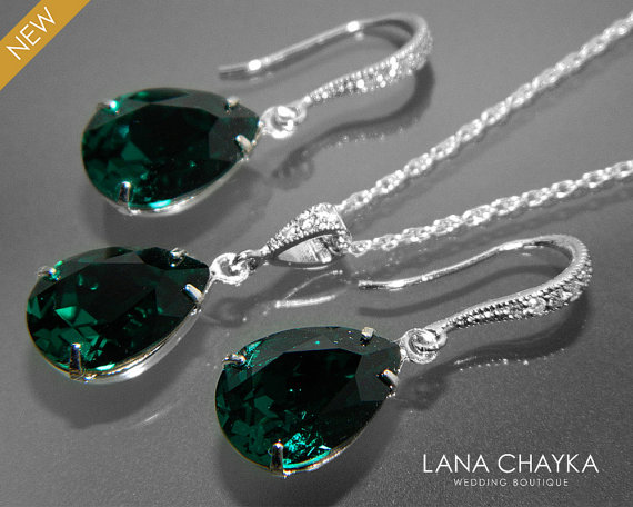 Mariage - Emerald Crystal Jewelry Set Green Earrings&Necklace Set Swarovski Teardrop Rhinestone Sterling Silver Set Wedding Bridal Bridesmaid Sets