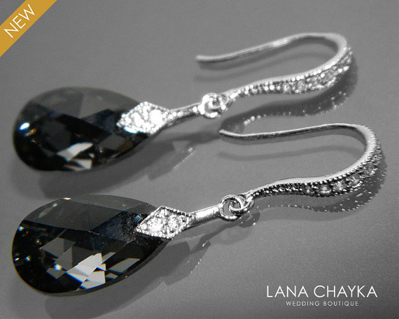 Hochzeit - Silver Night Crystal Earrings Teardrop Black Grey Crystal Earrings Swarovski Silver Night Dangle Earrings Wedding Bridal Crystal Jewelry