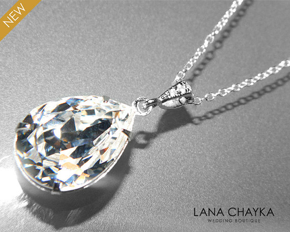 Свадьба - Clear Crystal Silver Necklace Teardrop Crystal Sterling Silver Necklace Swarovski Rhinestone Sparkly Necklace Bridal Pendant Wedding Jewelry