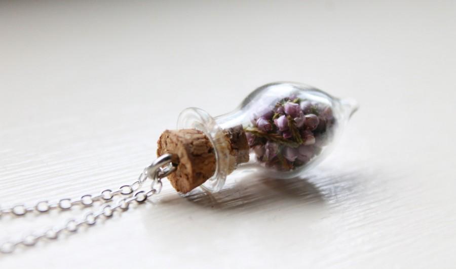 Hochzeit - Heather Glass Bottle Charm Necklace - Dried Scottish Lucky Heather Floral Glass Terrarium Pendant