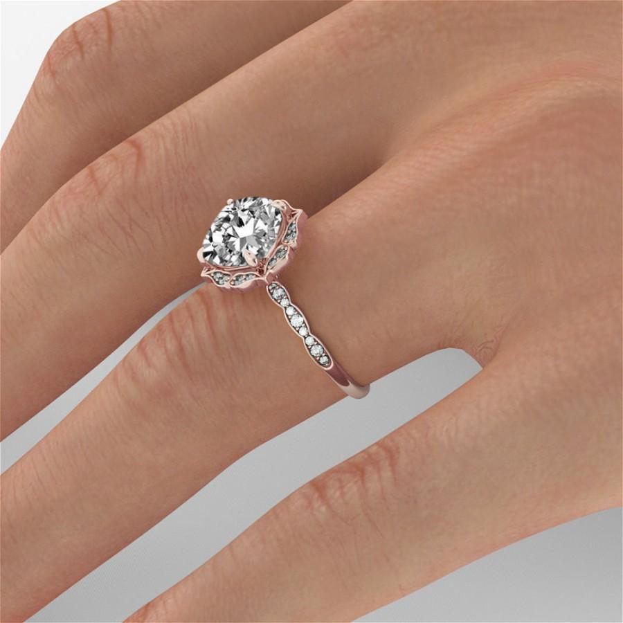 Wedding - Moissanite Engagement Ring, Rose Gold Ring, Diamond Halo Engagement Ring, Vintage Ring, Art Deco Engagement Ring