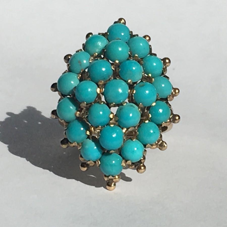 زفاف - Vintage Turquoise Ring. Turquoise Cluster Ring 18K Yellow Gold. Unique Engagement Ring. Estate Fine Jewelry.  December Birthstone.