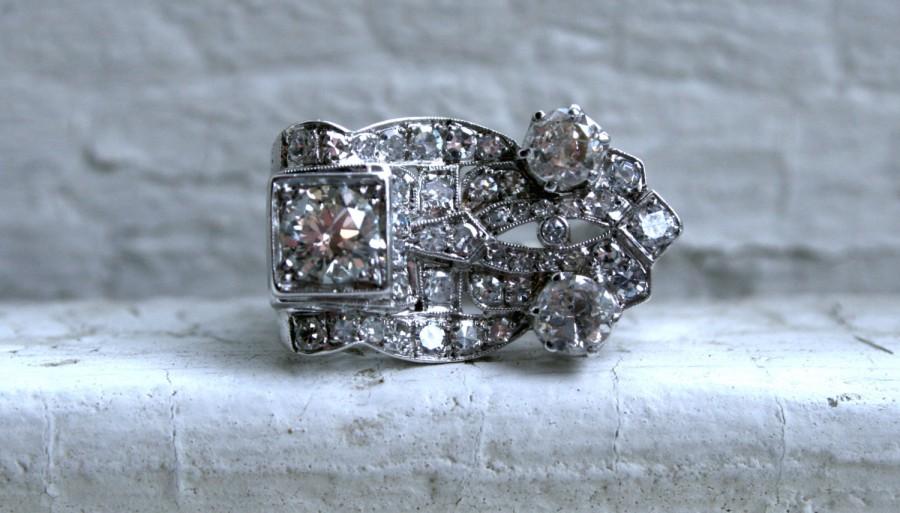 زفاف - Vintage Art Deco 14K White Gold Diamond Wedding Band Engagement Ring - 2.60ct.