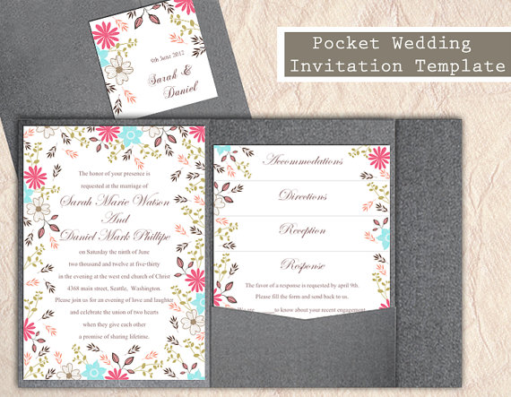 Wedding - Pocket Wedding Invitation Template Set DIY EDITABLE Word File Instant Download Floral Invitation Colorful Invitations Printable Invitation
