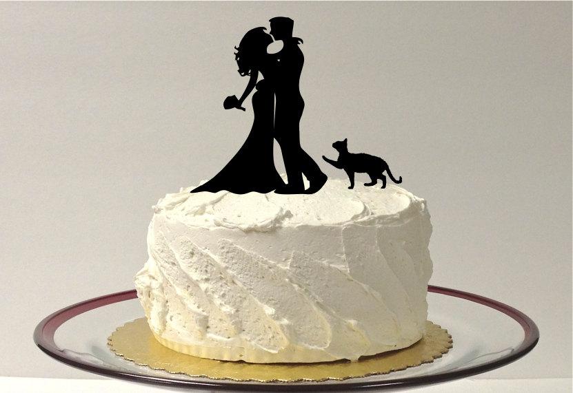 Hochzeit - CAT + BRIDE & GROOM Silhouette Wedding Cake Topper With Pet Cat Family of 3 Hair Down Cake Topper Bride and Groom Cake Topper