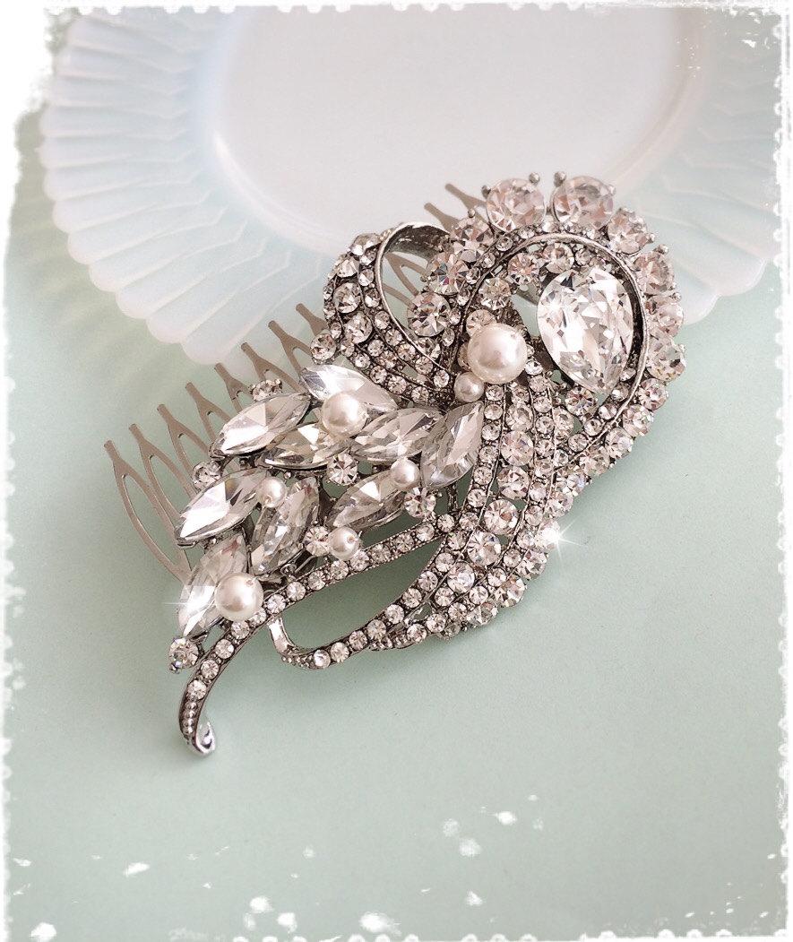 زفاف - 1920s Art Deco Great Gatsby Inspired Crystal Pearl Comb Wedding Hair Accessory-Vintage Art Deco Bridal Crystal Comb Headpiece-"SARA pearl"