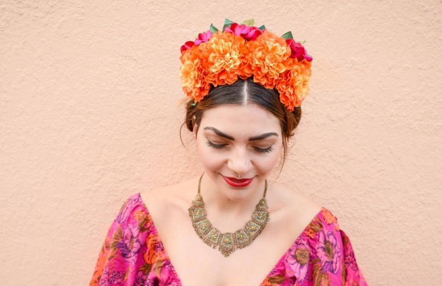 Hochzeit - Day of the Dead Flower Crown, Frida Kahlo Headpiece, Mexican, Headpiece, Floral Crown, Frida, Marigolds, Bohemian, Costume, Headband, Fiesta