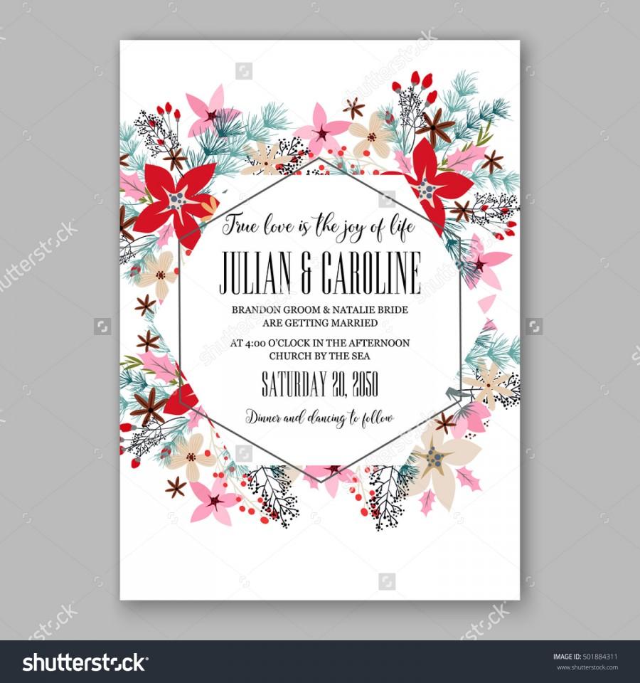 Wedding - Romantic pink peony bouquet bride wedding invitation template design. Winter Christmas wreath of pink flowers and pine and fir branches. Ribbon mason jar