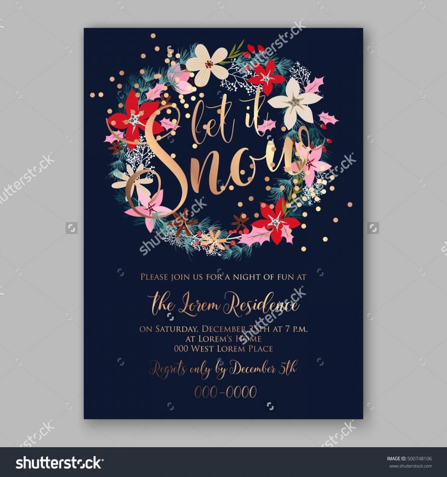 Wedding - Christmas party invitation poster template with romantic winter wreath of red poinsettia flowers, pine and fir branch on blue background