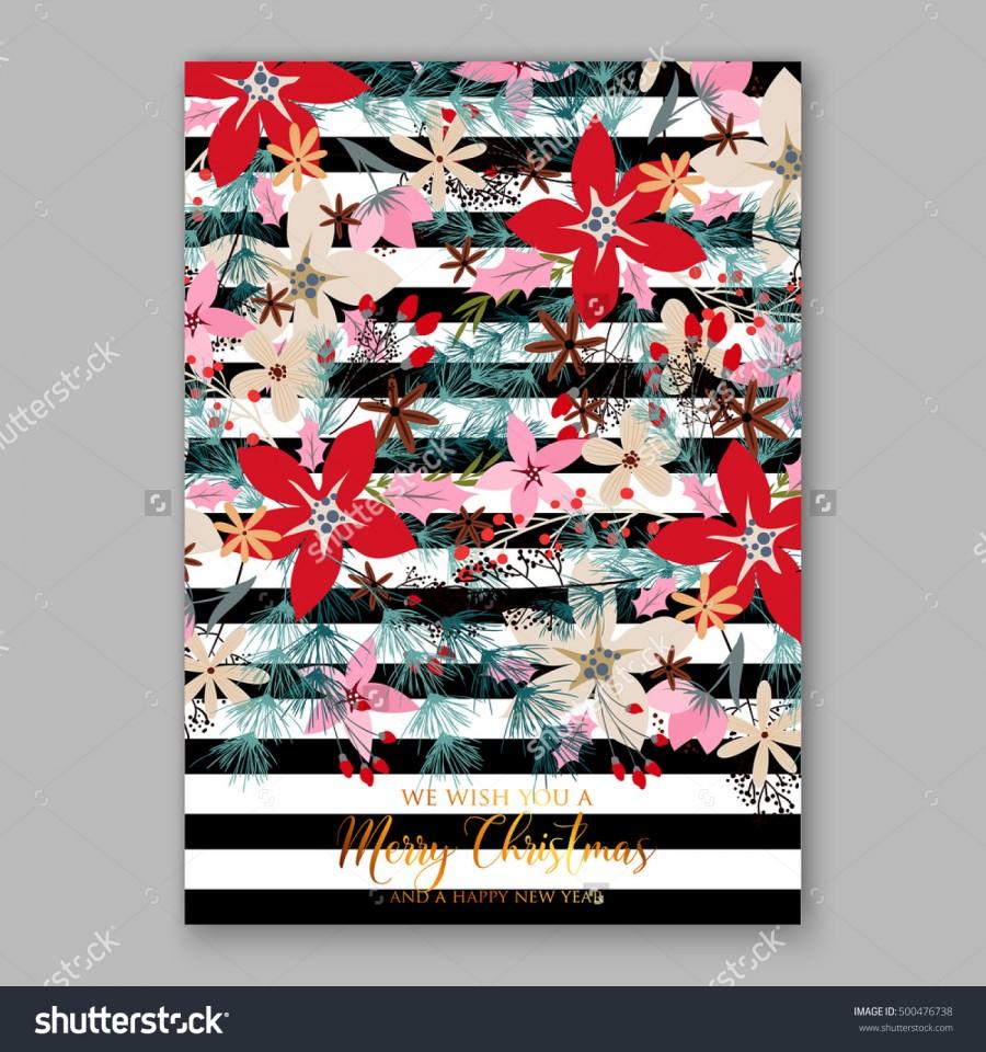 Wedding - Christmas party invitation with pine branch and poinsettia