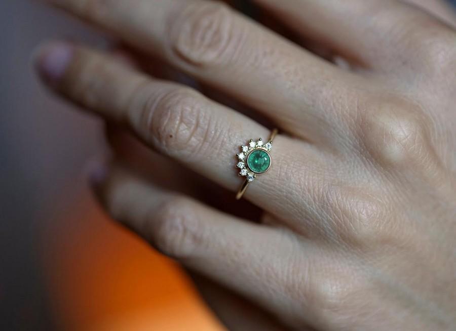 Wedding - Emerald Engagement Ring, Emerald Diamond Ring, Diamond Emerald Ring, Solitaire Emerald Ring, Gold Emerald Ring