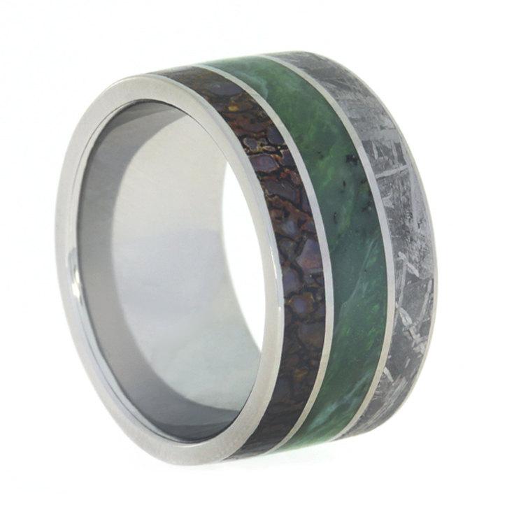 Hochzeit - Jade Ring, Dinosaur Bone Wedding Band With Gibeon Meteorite, Men's Titanium Ring