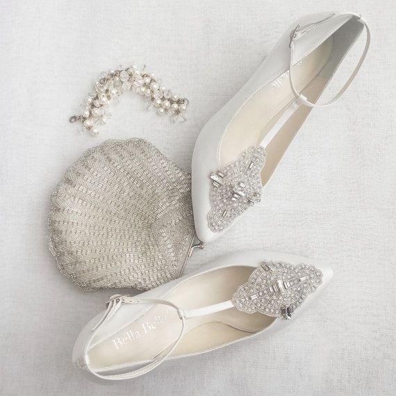 Mariage - Art Deco White Or Ivory Wedding Shoes With Great Gatsby Crystal Applique T-Strap Kitten Heel Silk Satin Bridal Shoes