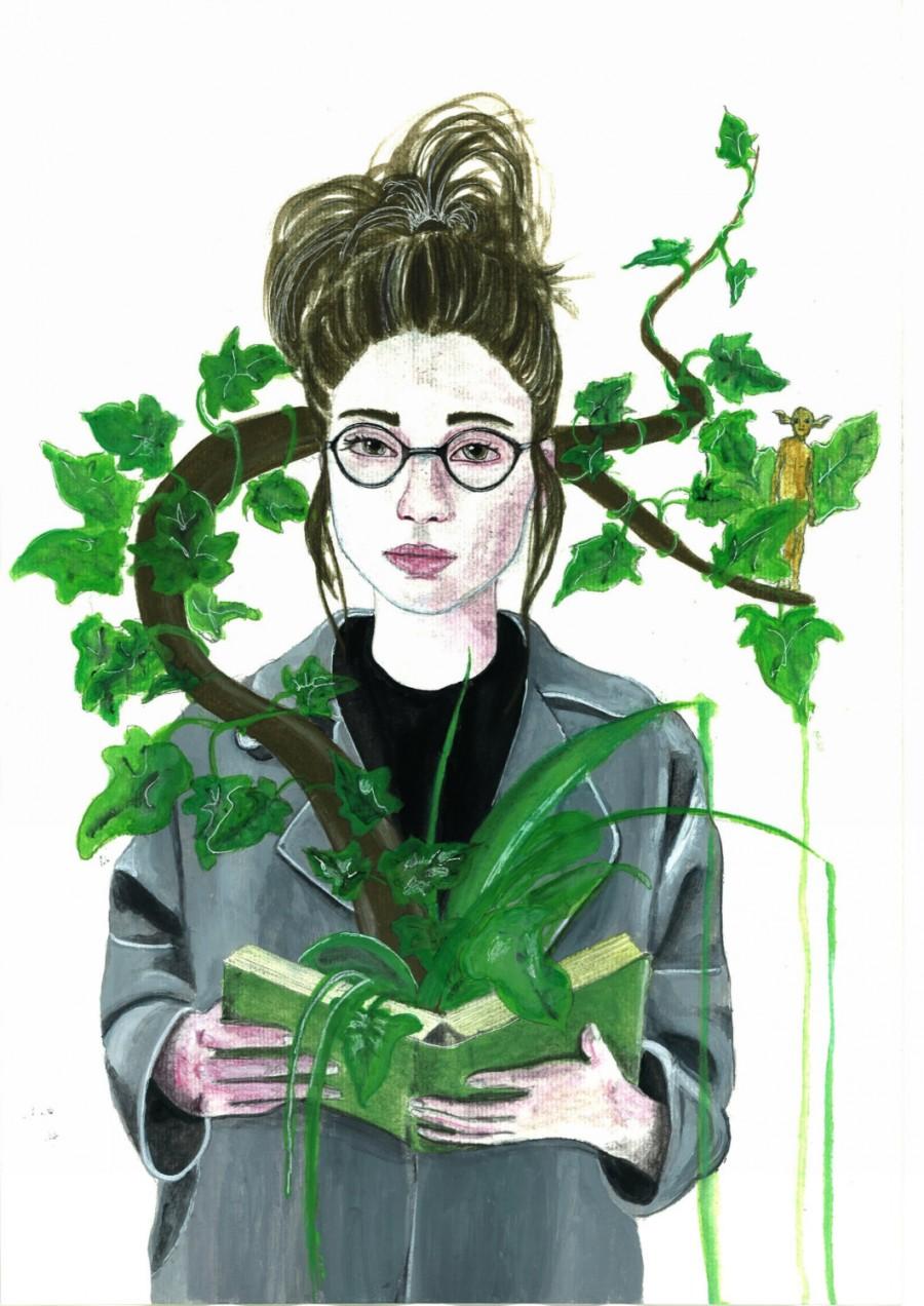 Свадьба - Tale - watercolor painting, original, fantasy, fairy tale, tree, ivy, story telling,leeves,book,glasses,library, reading woman, imagination
