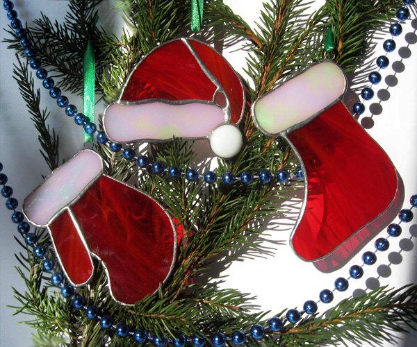 Свадьба - Christmas decorations Stained glass socks, glove and hat of Santa Claus Red Christmas tree decor Tiffany