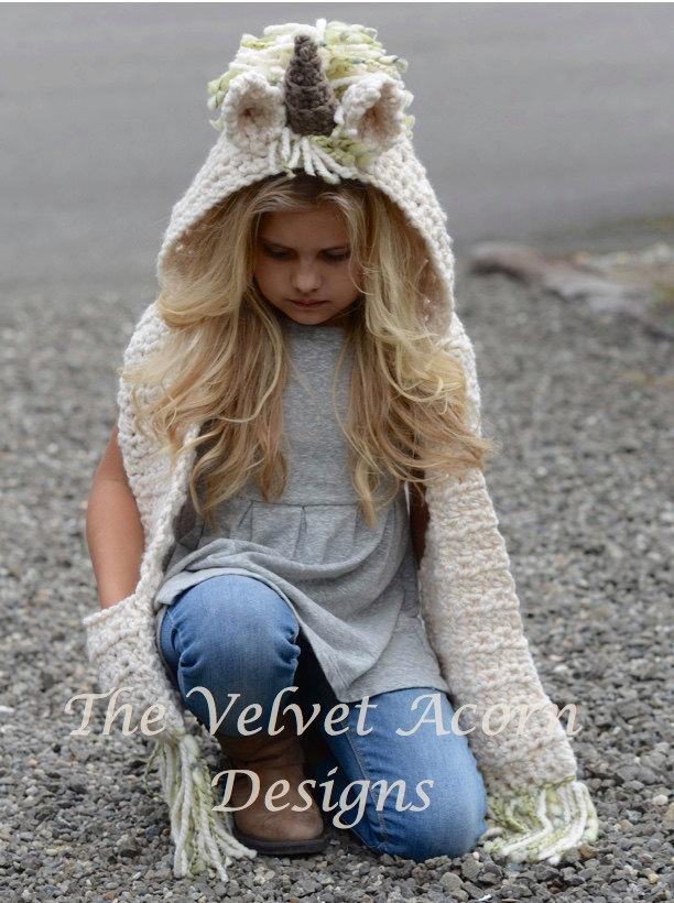 Hochzeit - Crochet PATTERN-The Ulyne Unicorn Hooded Scarf (12/18 months, Toddler, Child, Teen, Adult sizes)