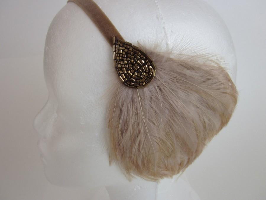 Wedding - BRONZE BEADED Headband, feather headpiece, Bridesmaid Headband, Roaring Twenties, 1920s Art Deco, Bridal fascinator, gatsby 1920s