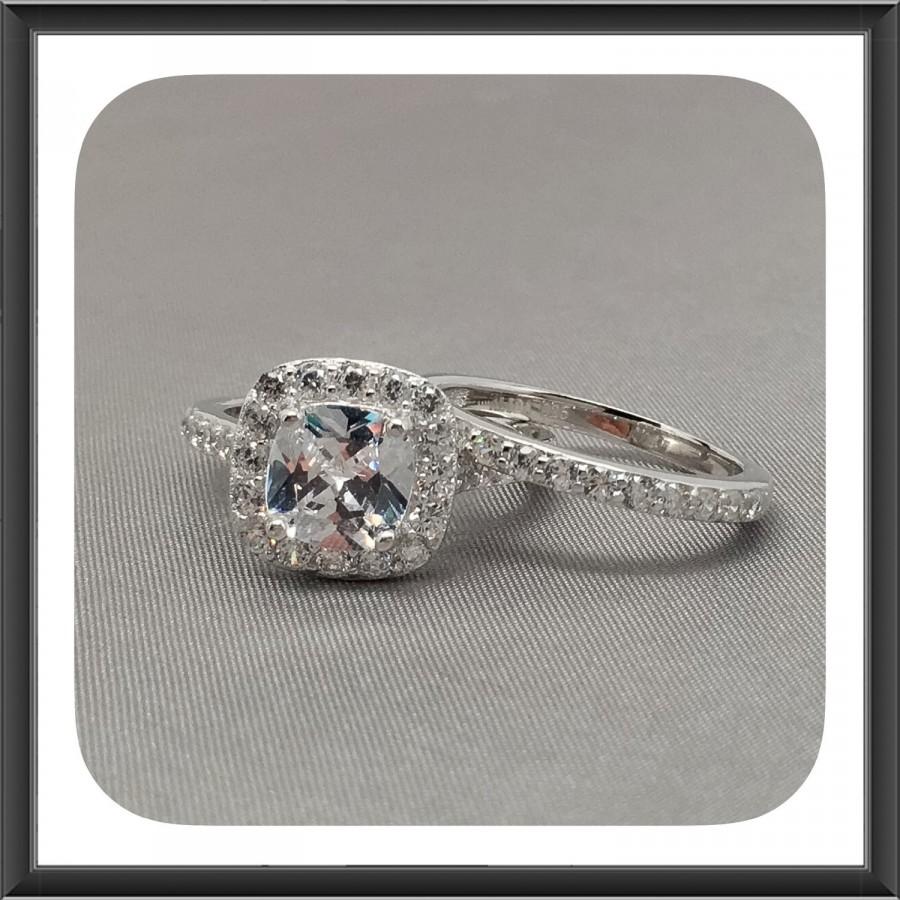 زفاف - 1.00 Ct. Halo Cushion Cut Cubic Zirconia Engagement Ring Set In Rhodium Plated Sterling Silver, Engagement Ring Set, Wedding Ring Set