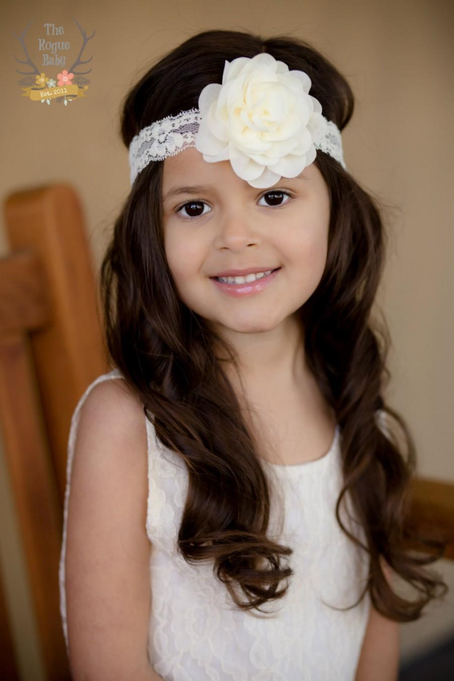 Mariage - Ivory Cream Lace Headband with Chiffon Rose Flower -   Newborn Infant Baby Toddler Girls Adult Rustic Wedding
