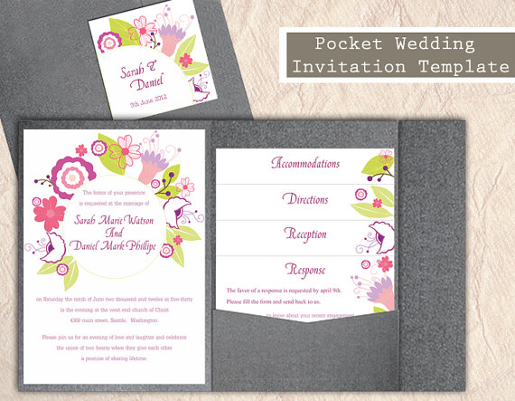 زفاف - Pocket Wedding Invitation Template Set DIY EDITABLE Word File Instant Download Printable Floral Invitation Wreath Wedding Invitation